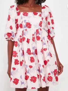 Square-Neck Mini Dress in White with Red Floral Print